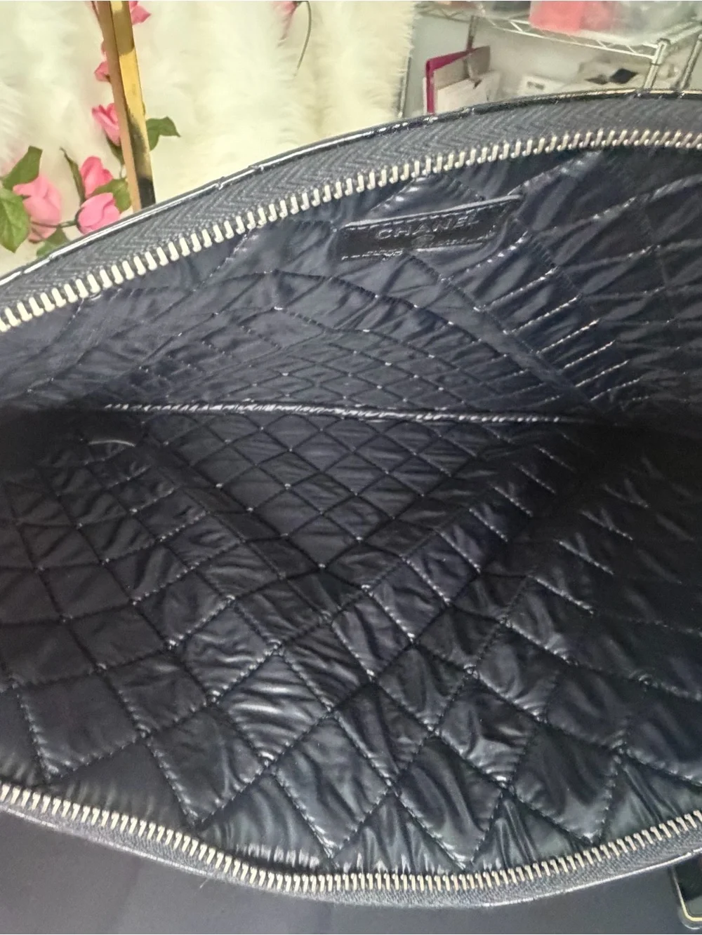 CHANEL Black Patent Quilted Pouch with Silver CC Accent
